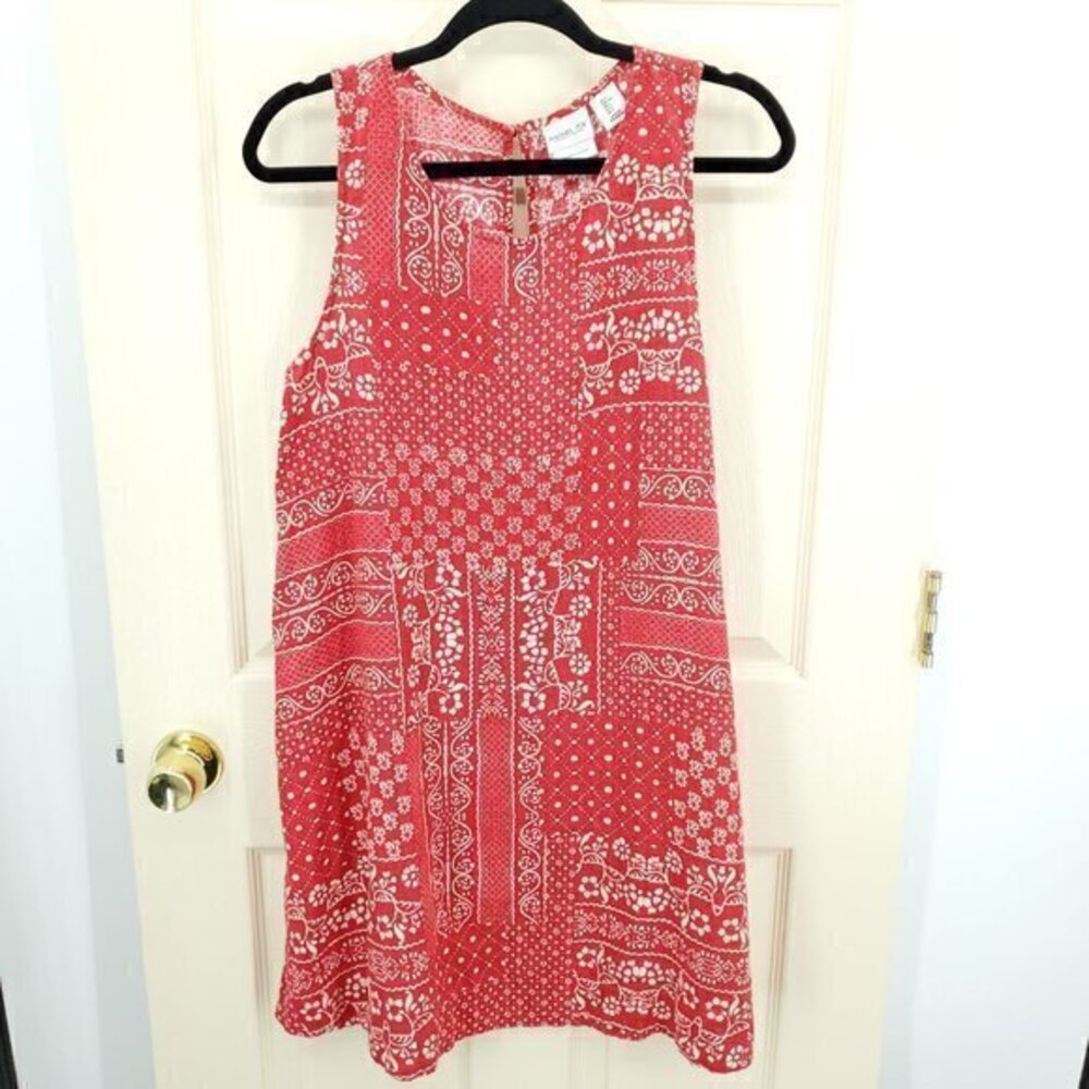Rachel Zoe 100% Linen Sleeveless Shift Dress L Red/Cream Print